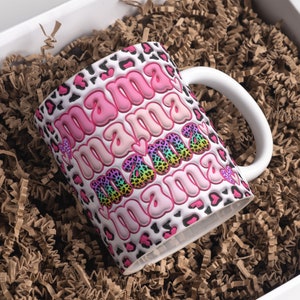 3D Retro Mama Valentine Day Inflated Mug Wrap Sublimation Design 11oz & 15oz, Puffy Leopard Print Mug PNG, Mug Sublimation Designs