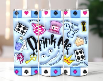 3D Alice in Wonderland Inflated Tumbler Wrap PNG - 3D Puff Magical Fantasy 20oz Skinny Tumbler Sublimation - Instant Digital Download
