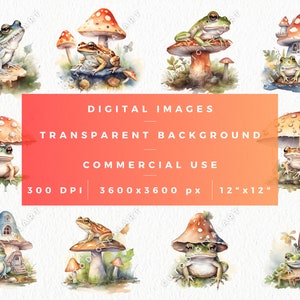 Aquarelle grenouille champignon Clipart Bundle, grenouille transparente, champignon Transparent, PNG, usage Commercial, aquarelle Fantasy Clipart, animaux