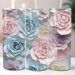 3D Blue Pink Roses Tumbler Wrap, 20oz Straight And Tapered Tumbler Sublimation Design, Instant Download PNG