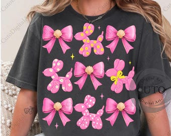 Pink Balloon Dog Animals Bows | Shell Hearts Flowers Smiley Face | T-Shirt Sweatshirt Sublimation Design Transparent PNG Digital File