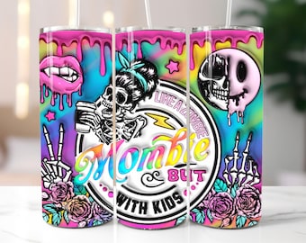 Mombie Mom Tumbler Wrap Design | Colorful Halloween Skull Coffee Cup | Rainbow Drip Goth Parent | Edgy Mom Life Digital Download PNG