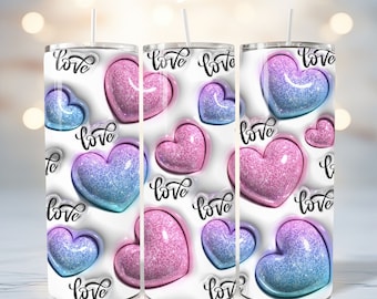 3D Blue-Pink Glitter Love Hearts Inflated Tumbler Wrap PNG - 3D Puffy Valentine's Day Digital Design - Saint's Day 20oz Tumbler Sublimation