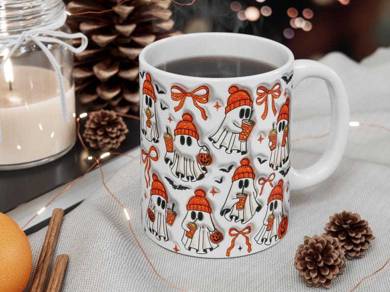 May include: White ceramic mug featuring a repeating pattern of cartoon ghosts wearing orange beanies and holding coffee cups and jack-o'-lanterns. The mug has a white handle and is filled with a dark liquid. Halloween theme.