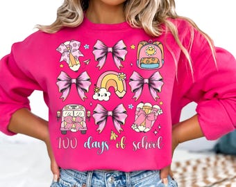 100 Days of School Shirt Design | Pink Yellow Bow School Bus PNG | Teacher Student Celebration Shirt | Cute Kawaii School Digital Download