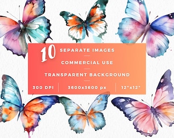 Butterfly Clipart Bundle, Transparent Watercolor Butterfly Clipart, Watercolor Butterfly Summer Clipart, Butterfly Artwork, Party Decoration