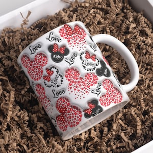 3D Mouse Hearts Valentine Inflated Mug Wrap Sublimation Design 11oz & 15oz, Puffy Valentine&#39;s Day Hearts Mug PNG, Mug Sublimation Designs
