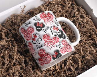 3D Mouse Hearts Valentine Inflated Mug Wrap Sublimation Design 11oz & 15oz, Puffy Valentine's Day Hearts Mug PNG, Mug Sublimation Designs