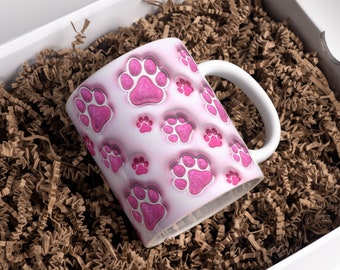 3D Sparkly Pet Paws Inflated Mug Wrap Sublimation Design 11oz & 15oz, Pink Puffy Glitter Dog Mom Mug PNG, Dog Lover Mug Sublimation Designs