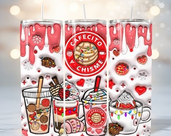 3D Inflated Christmas Cafecito Y Chisme Tumbler Wrap - 3D Puffy Pan Dulce 20oz Tumbler Sublimation - Concha Lights Xmas PNG Digital Download