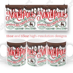 May include: White ceramic mug with a brown chocolate drip design. The mug features the text "North Pole Hot Chocolate Co." in red and green lettering with a reindeer graphic. The text "Authentic Santa Claus Approved Since 1974" is in a circle with a red star. The text "Warm Up Here Open All Winter" is below the graphic.