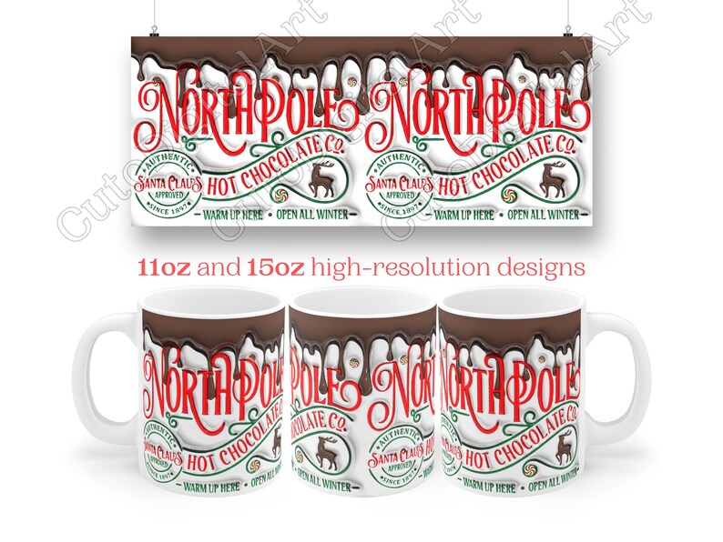 May include: White ceramic mug with a brown chocolate drip design. The mug features the text "North Pole Hot Chocolate Co." in red and green lettering with a reindeer graphic. The text "Authentic Santa Claus Approved Since 1974" is in a circle with a red star. The text "Warm Up Here Open All Winter" is below the graphic.