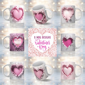3D Pink Heart In A Hole Mug Wrap Bundle, Valentine&#39;s Day Mug Sublimation Design 11oz & 15oz, Hearts Mug PNG, Mug Sublimation Designs