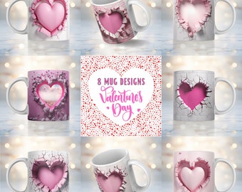 3D Pink Heart In A Hole Mug Wrap Bundle, Valentine's Day Mug Sublimation Design 11oz & 15oz, Hearts Mug PNG, Mug Sublimation Designs