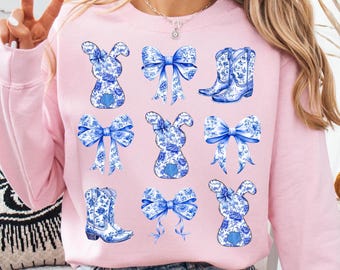Blue White Floral Easter Bunny Bow Cowboy Boots Sublimation Design | Transparent PNG for T-shirt Sweatshirt | Country Easter Digital Design