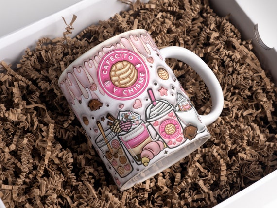 3D Cafecito Y Chisme Inflated Mug Wrap Sublimation Design 11oz & 15oz, 3D Puff Pan Dulce Mug Sublimation PNG, Mug Template For Sublimation