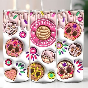 3D Sugar Skull Conchas Inflated Tumbler Wrap PNG - 3D Day of Dead Puff Design de sublimação de copo de 20 onças - Download digital instantâneo