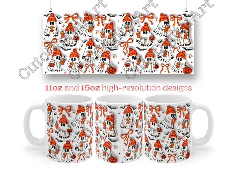 May include: White ceramic mugs and a poster featuring a Halloween-themed design. The design includes cartoon ghosts wearing orange hats and holding pumpkins or drinks. The poster reads "11oz and 15oz high-resolution designs."