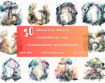 Watercolor Enchanted Forest Clip Art Bundle, Magical Woodland Elements, Trees, Animals, Fantasy Nature, Digital Download, Magical Forest