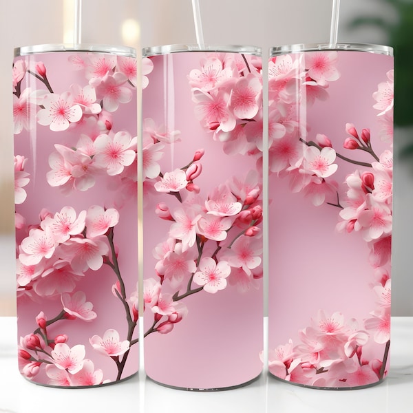 3D Vibrant Pink Cherry Blossom Flowers Sublimation Design For Skinny Tumbler, Straight And Tapered Wrap PNG Sublimation Files