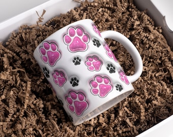 3D Sparkly Pet Paws Inflated Mug Wrap Sublimation Design 11oz & 15oz, Pink Puffy Glitter Dog Mom Mug PNG, Dog Lover Mug Sublimation Designs