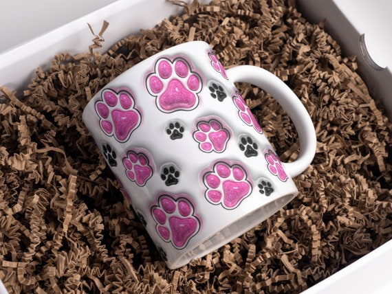 3D Sparkly Pet Paws Inflated Mug Wrap Sublimation Design 11oz & 15oz, Pink Puffy Glitter Dog Mom Mug PNG, Dog Lover Mug Sublimation Designs