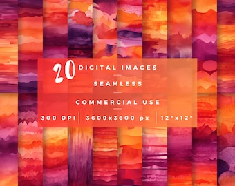 Texturas sem costura do pôr do sol em aquarela, padrão de repetição, álbum de recortes, céu vibrante, decoração de casa, arte de parede para impressão, céu sereno para impressão