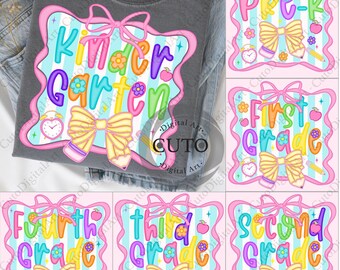 Preppy Pre-k 1st/2nd/3rd/4th Grade PNG Bundle, Teacher Back to School Digital Sublimation, Coquette Girly First Day of School Shirt Design