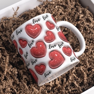 3D Red Glitter Love Hearts Inflated Mug Wrap Sublimation Design 11oz & 15oz, Puffy Valentine&#39;s Day Hearts Mug PNG, Mug Sublimation Designs