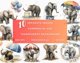 Imágenes prediseñadas de elefante de acuarela, imágenes prediseñadas de elefante lindo, PNG de elefante bebé, imágenes prediseñadas de animales, uso comercial, imágenes prediseñadas de baby shower de elefante