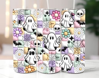 3D Inflated Retro Halloween Tumbler Wrap, Puffy Cute Ghost PNG, Spooky Vibes, 20oz Tumbler Sublimation Design, Instant Digital Download