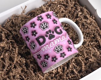 3D Pink Dog Lover Inflated Mug Wrap Sublimation Design 11oz & 15oz, Puffy Dog Mama Mug PNG, Mug Sublimation Designs