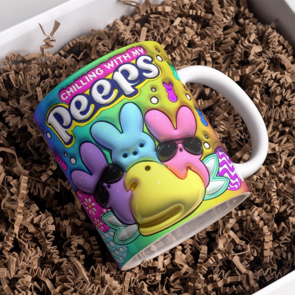 3D Chilling with My Peeps Bunny Design for Mug Wrap Sublimation Design 11oz & 15oz, Vibrant Rabbit Mug PNG, Colorful Easter Mug Sublimation