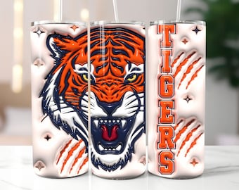 3D Blue-Orange Tigers Inflated Tumbler Wrap PNG - 3D Puffy Tigers Team 20oz Skinny Tumbler Sublimation Design - Instant Digital Download