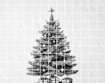 Vintage Christmas Tree with Gifts Ornaments & Star - Detailed Xmas Holiday Graphics PNG SVG Instant Digital Download