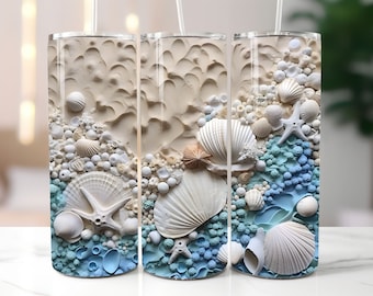 3D Blue Seashells Beach 20 oz et 30 oz Skinny Tumbler Sublimation Design, Straight And Tapered Tumbler Wrap, Instant Digital Download PNG