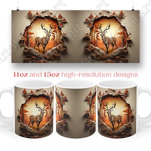 May include: A white ceramic mug with a brown and orange design of a deer standing in a forest scene. The deer is in a 3D effect, appearing to be breaking through the mug's surface. The mug is 11oz or 15oz.