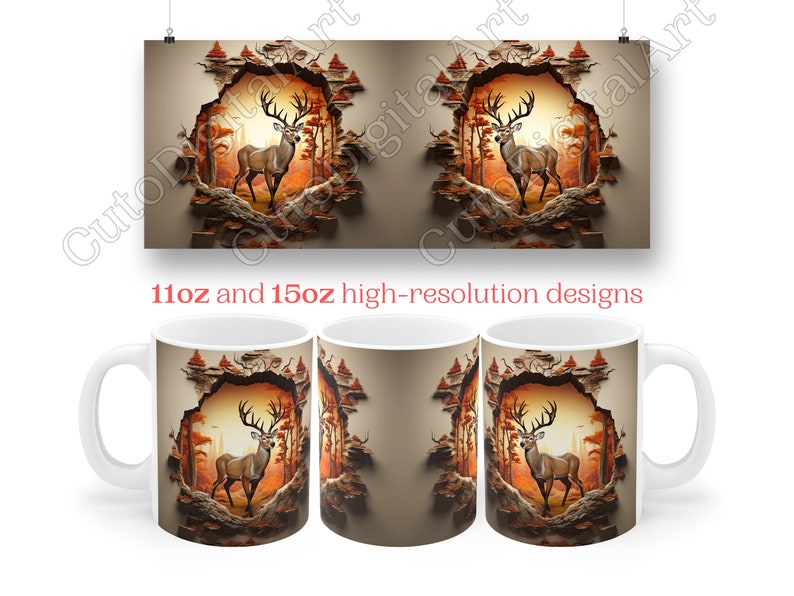 May include: A white ceramic mug with a brown and orange design of a deer standing in a forest scene. The deer is in a 3D effect, appearing to be breaking through the mug's surface. The mug is 11oz or 15oz.