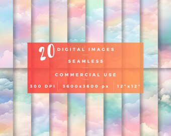 Pastel Rainbow Sky Seamless Textures, PNG Digital Paper (Commercial Use)