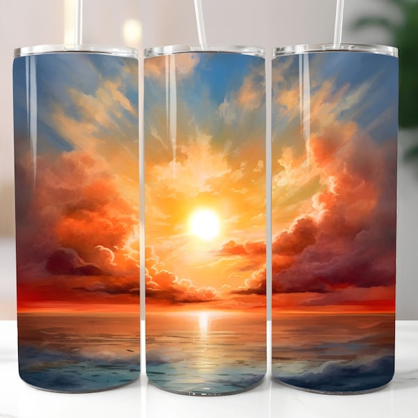 Watercolor Ocean Sunset 20 oz Skinny Tumbler Sublimation Design, Straight And Tapered Tumbler Wrap, Sunrise Instant Digital Download PNG
