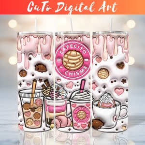 3D Inflated Cafecito Y Chisme Tumbler Wrap PNG - 3D Puff Pan Dulce 20oz Tumbler Sublimation - Skinny Coffee Tumbler Wrap - Digital Download