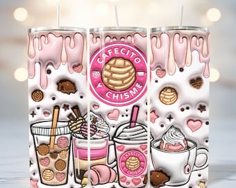 3D Inflated Cafecito Y Chisme Tumbler Wrap PNG - 3D Puff Pan Dulce 20oz Tumbler Sublimation - Skinny Coffee Tumbler Wrap - Digital Download