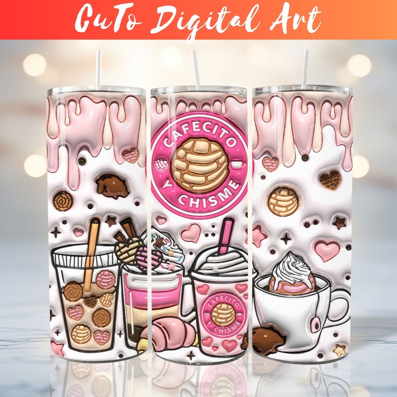Puede incluir: Un vaso rosa y blanco con un dise&ntilde;o de caf&eacute;, pasteles y el texto "Cafecito y Chisme".