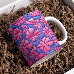 3D Pink Daisies Flowers Inflated Mug Wrap Sublimation Design 11oz & 15oz, 3D Mug Sublimation Designs PNG, Mug Template For Sublimation