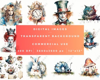 Alice in Wonderland Clipart Bundle, Alice Clip Art Watercolor, Magical Fantasy Clip Art, Commercial use PNG, Alice Adventures, Mad Hatter