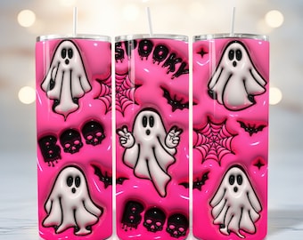 3D naadloze roze Halloween opgeblazen Tumbler Wrap - 3D gezwollen Spooky Ghost PNG - 20oz Tumbler sublimatie Design - Instant Digitale Download