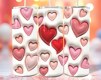 3D Valentine's Day Pink Hearts Inflated Tumbler Wrap PNG - 3D Puff Saint's Day 20oz Cup Sublimation Digital Design