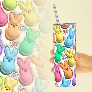 K&ouml;nnte beinhalten: Ein Edelstahlbecher mit wei&szlig;em Hintergrund und einem sich wiederholenden Muster aus bunten, kaninchenf&ouml;rmigen S&uuml;&szlig;igkeiten. Der Becher hat einen Strohhalm.