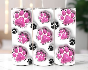 3D Seamless Sparkly Pet Paws Inflated Tumbler Wrap, Puffy Pink Glitter Dog Mom Sublimation Design, Dog Lover PNG, Instant Digital Download