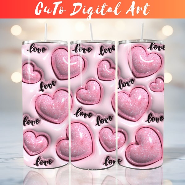 3D Pink Glitter Love Hearts Inflated Tumbler Wrap PNG, 3D Puffy Valentine's Day Hearts Digital Design, Saint's Day 20oz Tumbler Sublimation